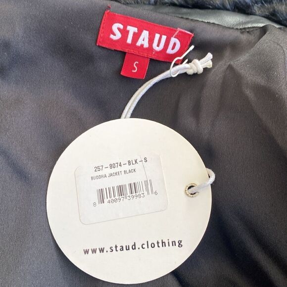 STAUD Buddha Black Faux Fur Jacket Vegan Leather Trim & an Oversized Gold Button - Picture 6 of 9